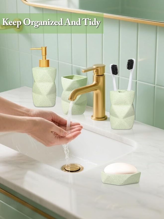 Bathroom Accessories Set,4 Pcs Bathroom Accessory Set,Includes Lotion Soap Dispenser,Toothbrush Holder,Tumbler,Soap Dish,Ceramic Bathroom Sets Complete,Bathroom Sink Set for Modern Home Decor(Green)
