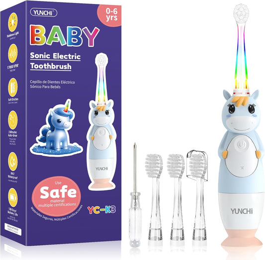 YUNCHI Toddler Electric Toothbrush Kids 0-3-6 Years, Baby Electric Toothbrush with Colorful LED Light, Battery Powered Toddler Toothbrush with 2 Minutes Timer 4 Brush Heads, Infant Toothbrush (Blue)