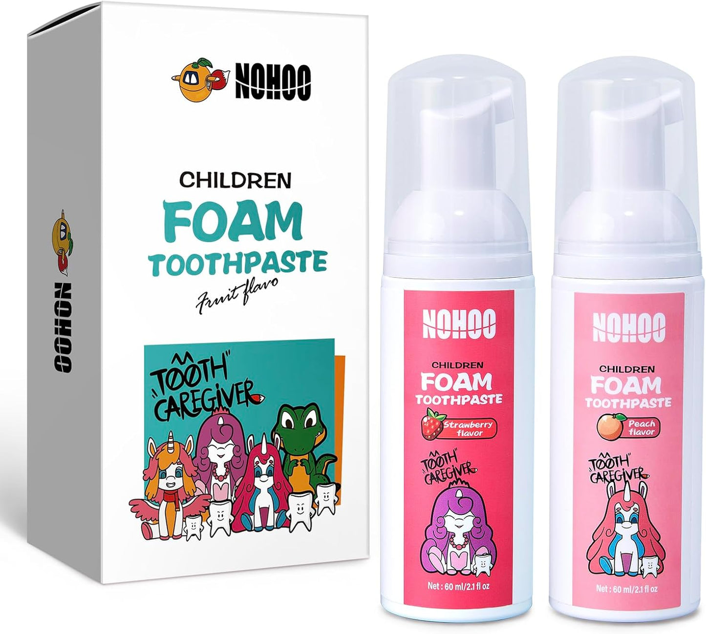 NOHOO Fluoride Free Foam Toothpaste Kids Fruit Flavour,Natural Training Toothpaste for Baby Toddler Children Oral Cleaning and Cavity Protection(Strawberry + Peach)