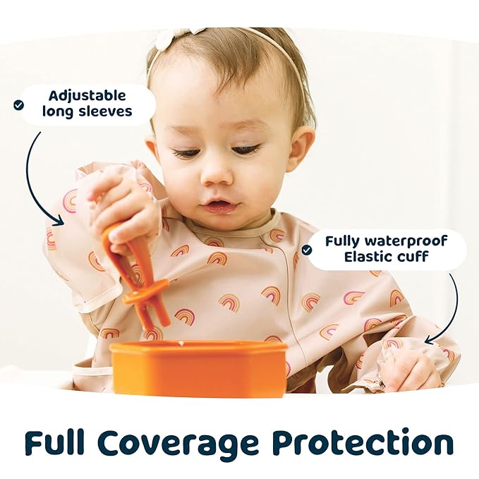 Tiny Twinkle Long Sleeve Bib for Babies & Toddlers – Waterproof Smock Bib for Eating – Machine Washable & Mess-Proof, Baby Feeding Essential & Shower Must-Have(Boho Rainbow, 6–24M)