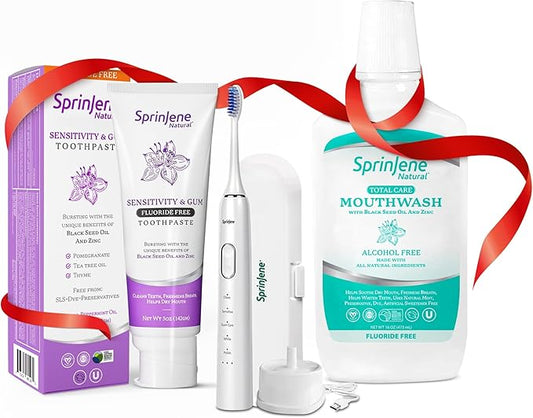 SprinJene Natural Sensitivity & Gum, Fluoride Free Toothpaste for Sensitive Teeth & Gum (1 Pack) + Fluoride Free & Alcohol Free Mouthwash + Electric Toothbrush with 2 Replacement Heads
