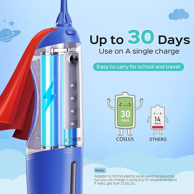 COSLUS Kids Water Dental Flosser Deep Cleaning Picks Portable 4 Modes for Ages 6+ Safe Waterproof Rechargeable with 2 Jet Tips for Gums Care Red Blue