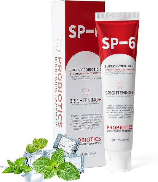 SP-6 Probiotic Whitening Toothpaste, SP-6 Probiotic Toothpaste, Enhanced Formula with 6 Probiotics for Teeth Whitening/Brightening, Enamel-Safe, Fluoride-Free, Fresh Mint Flavor, 4.9oz (1)