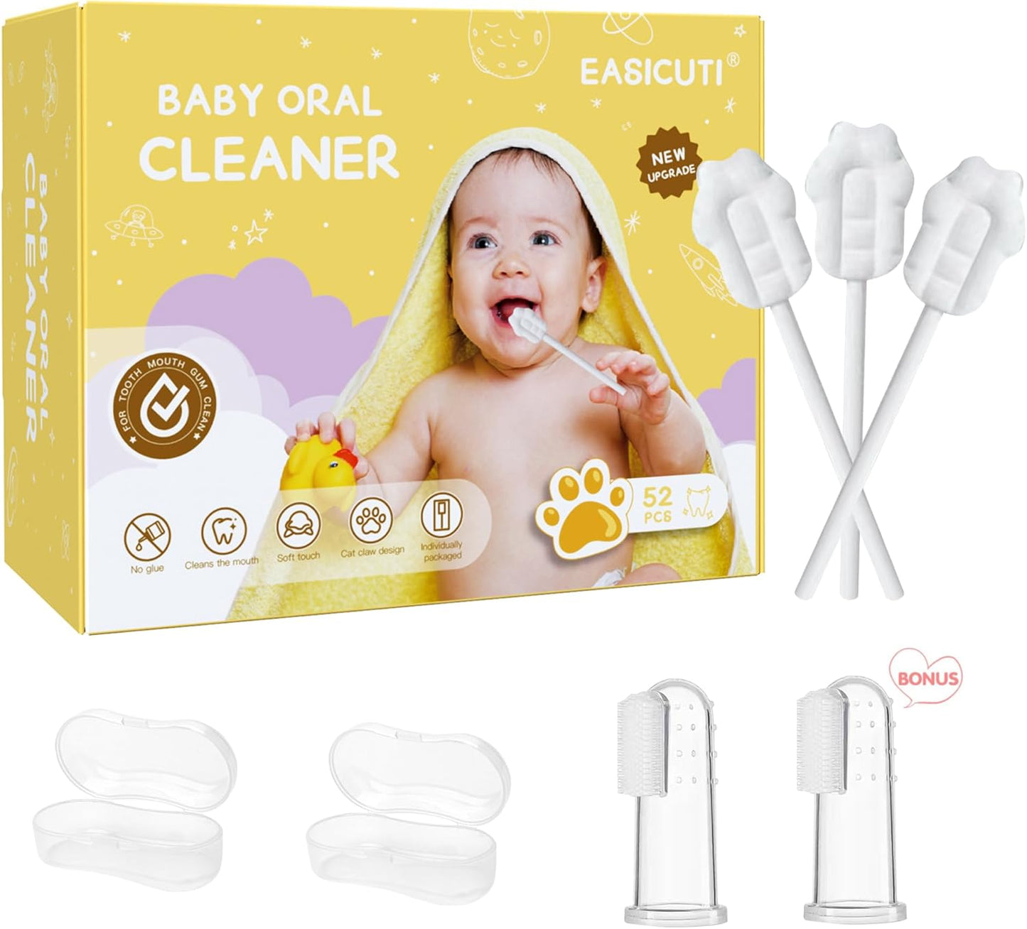 EASICUTI Upgrade Baby Tongue Cleaner, 52PCS Newborn Baby Toothbrush, Baby Oral Cleaner, Disposable Infant Toothbrush Baby Mouth Cleaner, Gum Cleaner Stick Dental Care for 0-36M+ 2 Finger Toothbrush