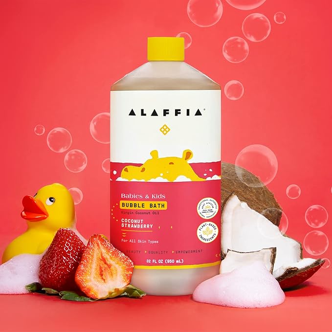 Alaffia Babies & Kids Bubble Bath, Coconut Strawberry, Pump Included – Gentle Cleanser with Raw Shea Butter and Hibiscus, 32 Fl Oz
