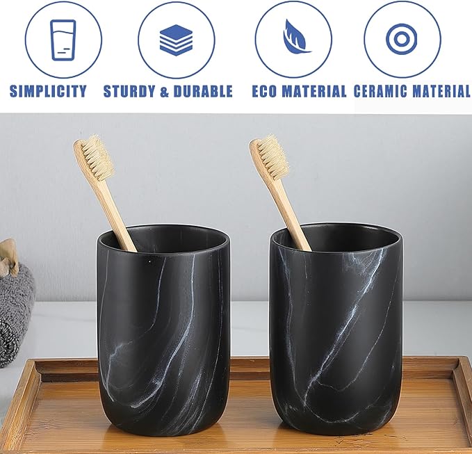 Marble Black Toothbrush Holders for Bathrooms - 2 Cups Ceramic Toothbrush Toothpaste Holders Set, Bathroom Tumbler Cups Reusable Toothbrush Cup Black Mouthwash Cup, Bathroom Counter Organizer