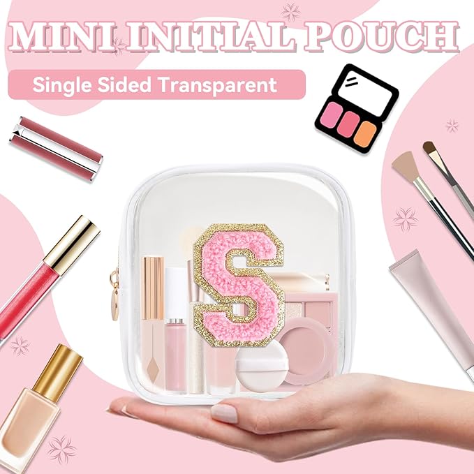 Mini Clear Personalized Initial Makeup Bag,Nylon Preppy A-Z Chenille Letter Patch Zipper Cosmetic Bag, Small Cute Beach Pouch Travel Purse Sanitary Napkin Storage Bag for Women Girls(White-Pink S)