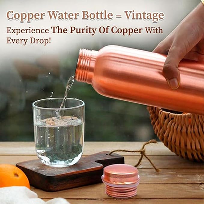 100% Pure Copper Water Bottle for Drinking, Ayurvedic Leak-Proof, Travel-Friendly, Wide Mouth Vessel 34oz