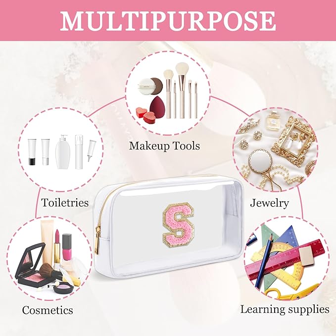 Small Clear Personalized Initial Makeup Bag,Nylon Preppy A-Z Chenille Letter Patch Cosmetic Pouch Beach Toiletry Bag,Waterproof Zipper Travel Purse Storage Bag Organizer for Women Girls(White-Pink S)
