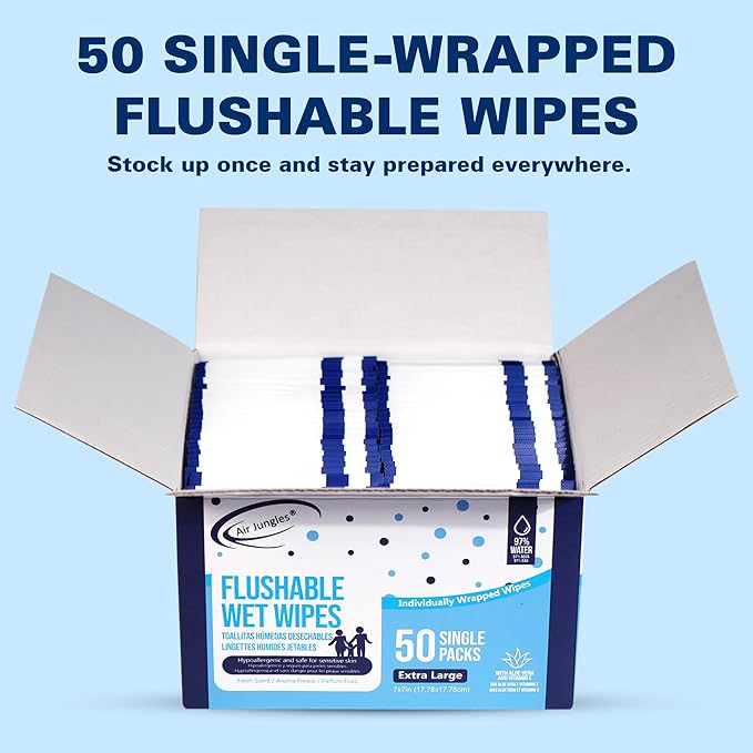 Air Jungles Flushable Wipes Individually Wrapped 50 Ct, with Aloe Vera & Vitamin E, Travel Size Wet Cleansing Wipes for Adult, Fresh Scent, Alcohol Free - XL 7 × 7 in