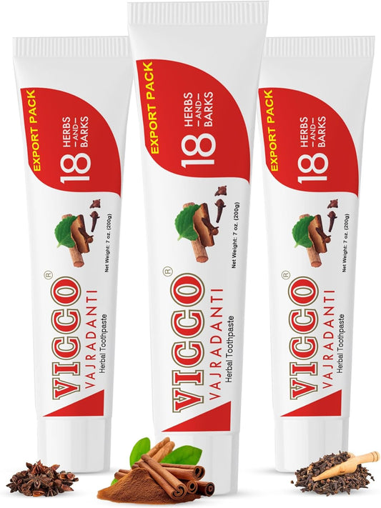Vicco Vajradanti Ayurvedic Herbal Toothpaste by Vicco – 70 Year Legacy of Ayurveda, with 18 Ayurvedic Herbs & Barks, 100% Natural, Vegan, Fluoride-Free & Cruelty-Free – 7 oz (3 Pack)