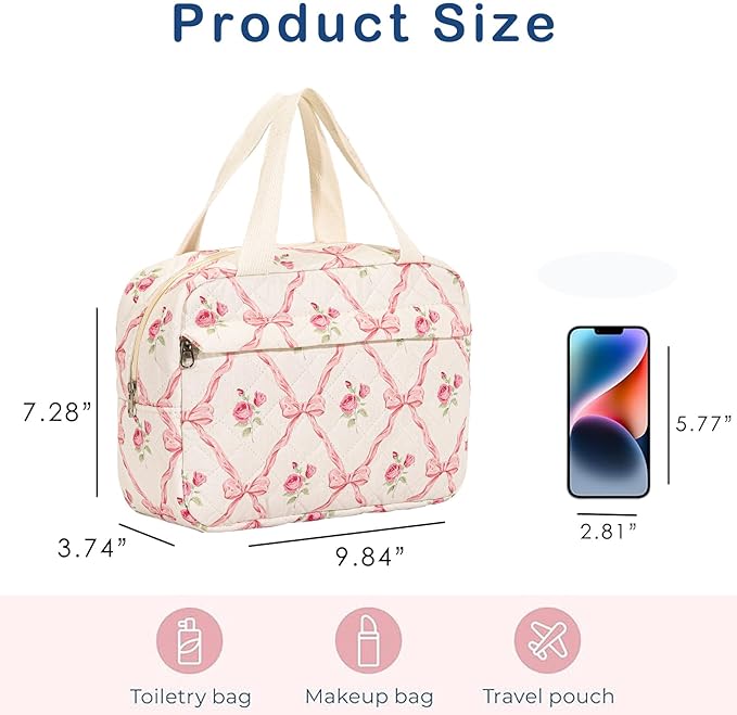 Large Size Quilted Coquette Makeup Bag, Cute Preppy Floral Cotton Travel Cosmetic Organizer Bag with Top Handle, Multi-Layer Travel Toiletry Pouch for Girls (03Pink Bow)