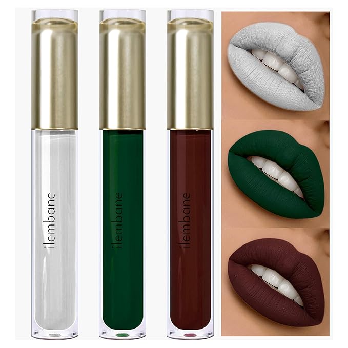 3-Pack Multicolor Matte Liquid Lipstick Set – White, Dark Green & Chocolate – Long-Lasting, Smudge-Proof, Waterproof – High-Pigment, Transfer-Resistant Colors for All-Day Wear