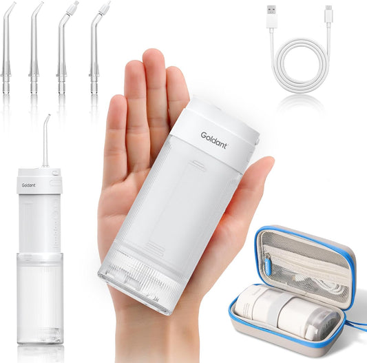Portable Water Flosser for Teeth with Exquisite Travel Case, Cordless Rechargeable Mini Oral Irrigator with Removable Tank, IPX7 Waterproof, 4 Modes & 4 Jet Tips for Tooth Cleaning (White)