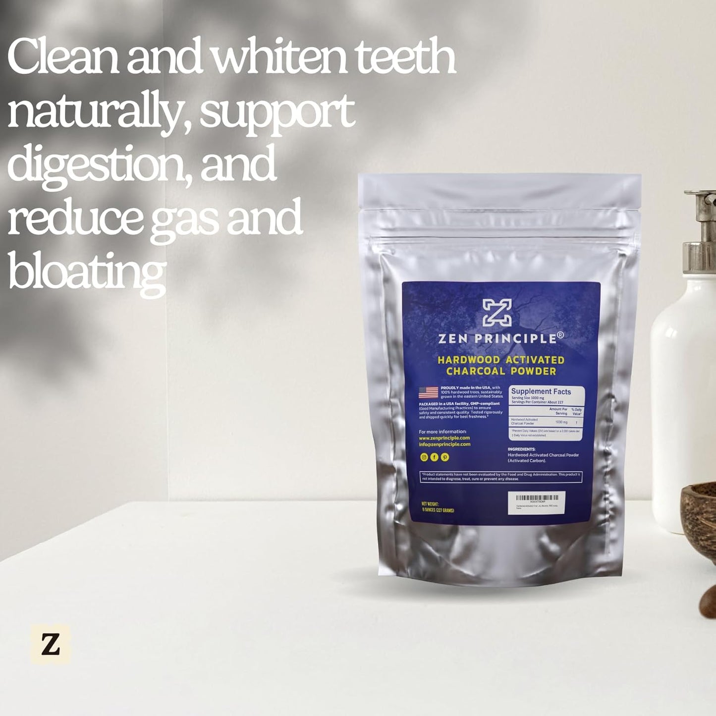 Zen Principle Hardwood Activated Charcoal Powder 100 Percent from USA Trees. All Natural. Whitens Teeth, Rejuvenates Skin and Hair, Supports Better Digestion, 8 oz.
