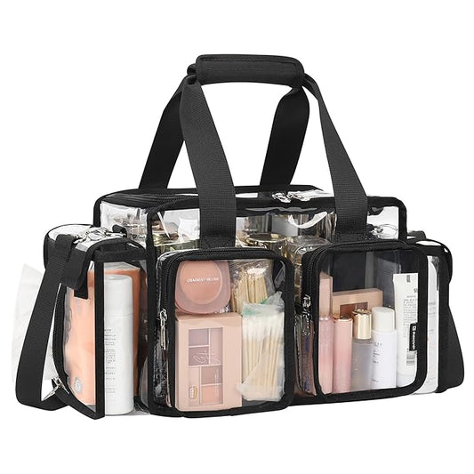Relavel Clear Makeup Bag Professional Makeup Artist Kit Set Travel Cosmetic Organizer Case Transparent Stadium Approved Tote Bag Toiletry Lunch Duffle Work Shoulder Bag with Adjustable Dividers, Black