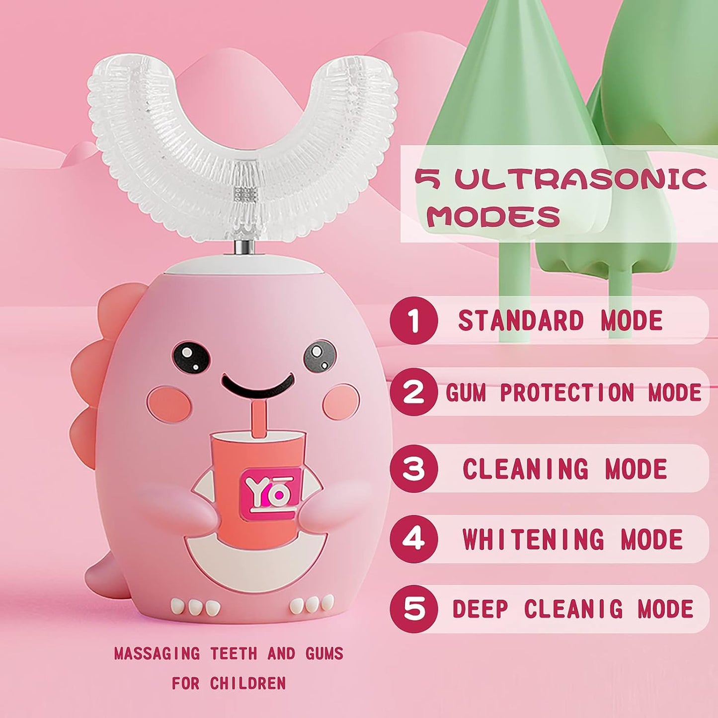 Kids U Shaped Electric Toothbrush with 4 Brush Heads, Sonic Toothbrush Kids with 5 Modes, Cartoon Dinosaur 360-Degree Cleaning IPX7 Waterproof Design (6-12 Age (Pink))