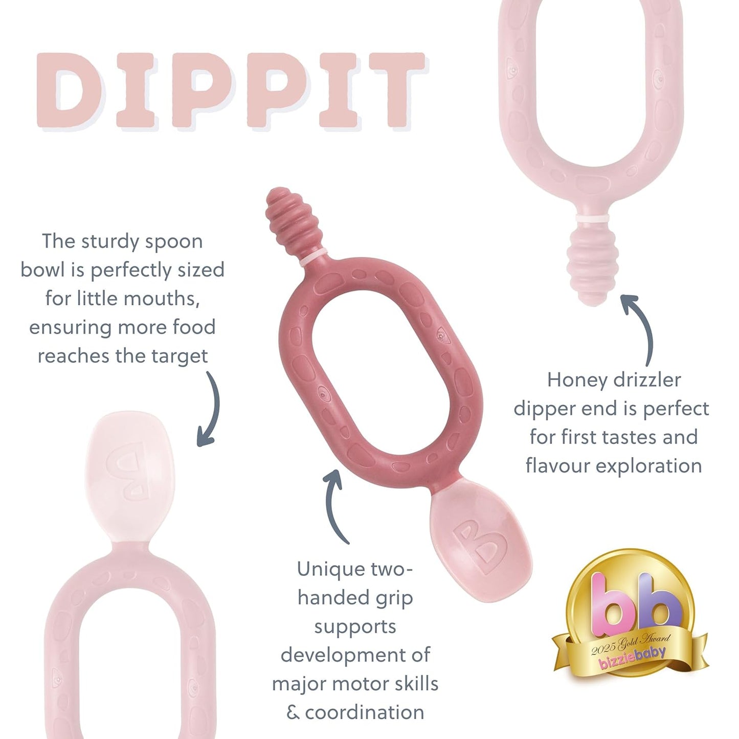 Bibado - Dippit Baby Spoon and Dipper, Blush (2-Pack) - Soft, Chewable Dipper & Deep Spoon - Two-Hand, Sensory Grip - Toddler Utensils - Baby Led Weaning Supplies - Baby Essentials - 6 Months+