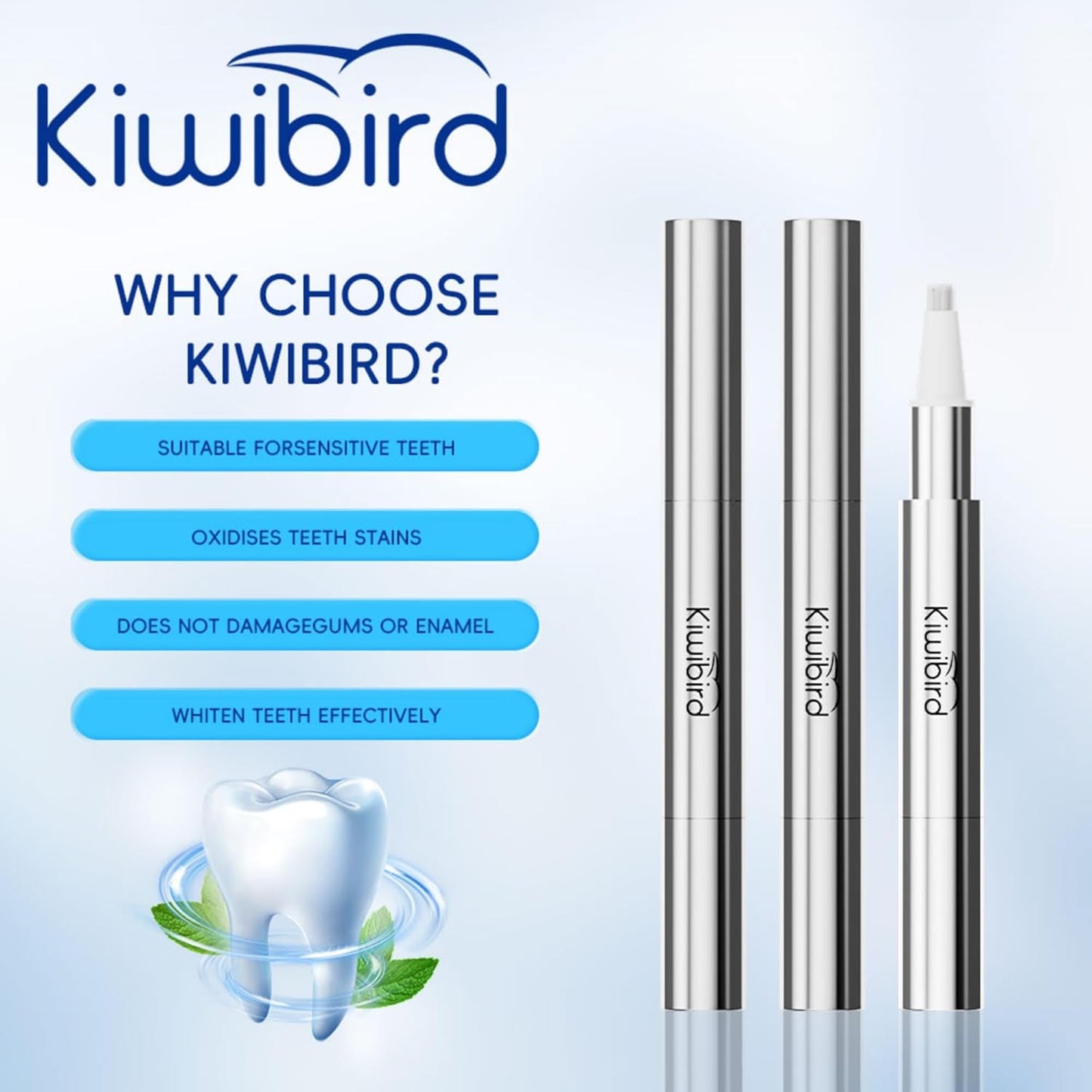 KIWIBIRD Teeth Whitening Kit for Sensitive Teeth – 3 Gel Pens, LED Light with Wireless Charging Case, IPX7 Waterproof, Enamel-Safe at-Home Dental Care Tool