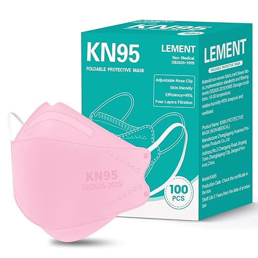 LEMENT KN95 Face Masks - 100 Pack Breathable Comfortable Disposable Masks For Adult, Filter Efficiency≥95%, Elastic Ear Loops, Pink