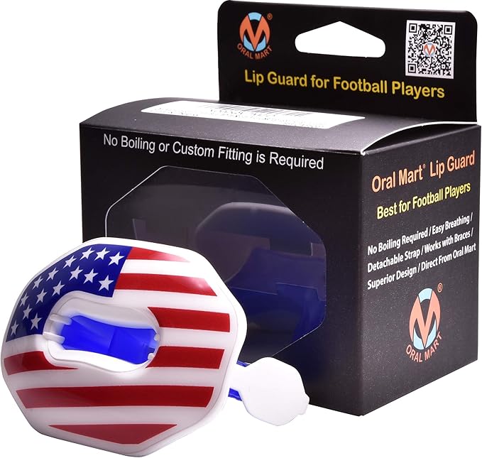 Oral Mart Flag Football Mouth Guard with 3D LipFit Design for Kids - Youth Tackle Football Mouthguard (No Boil) Cool Instant Fit Lip Guard Mouthpiece for Braces (Detachable Helmet Strap Included)