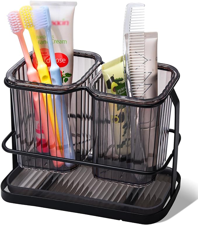 KONE Black Toothbrush Holders for Bathrooms, 2 Cups Toothbrush Holders Wall Mounted, Dry & Wet Separation, Bathroom Organizers and Storage, Bathroom Toothbrush Holder Set for Family Kids