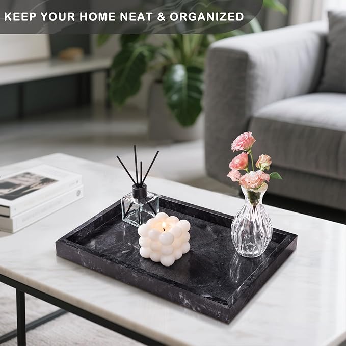 Marble Bathroom Tray for Countertop & Home Decor, Natural Decorative Marble Tray for Jewelry & Perfume Organizer, Luxury Stone Vanity Trays for Dresser, Kitchen Counter, 12" x 8", Gray Black