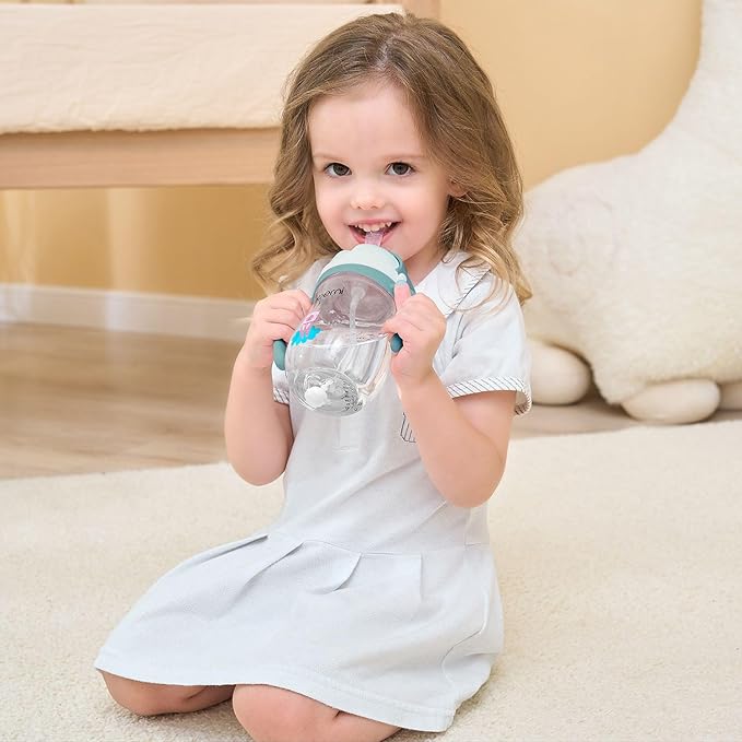 Toddler Sippy Cup, Tritan Baby Water Bottle With Non-Spill Valve Spout, Removable Handle and Carry Strap, 270ml/12m+/Blue/Pack of 3