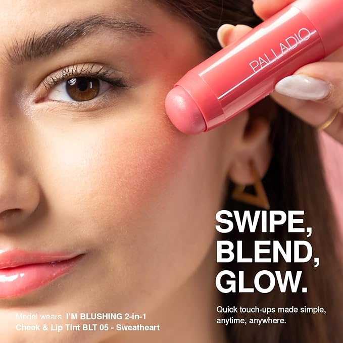 Palladio I'm Blushing 2-in-1 Cheek and Lip Tint, Buildable Lightweight Cream Blush, Sheer Multi Stick Hydrating formula, All day wear, Easy Application, Shimmery, Blends Perfectly onto Skin, Peach