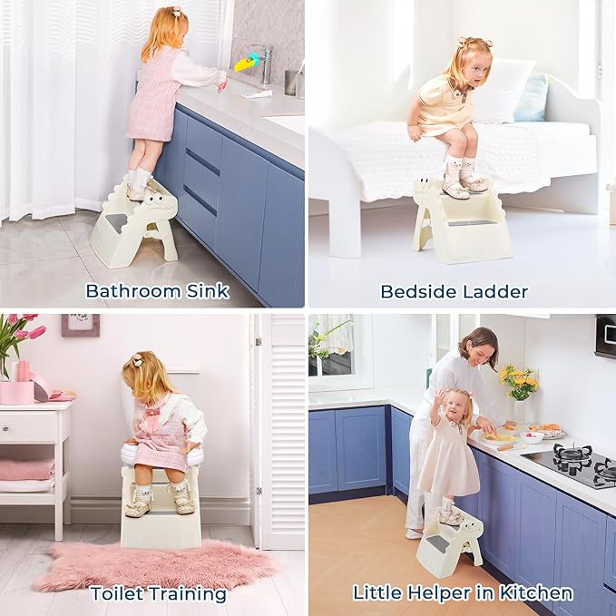 Onasti Toddler Step Stool Foldable Kids Step Stool,Bathroom Stool for Toddlers Non-Slip Toddler Step Stool for Bathroom Sink and Kitchen Counter with Cute Dinosaur Design(White)