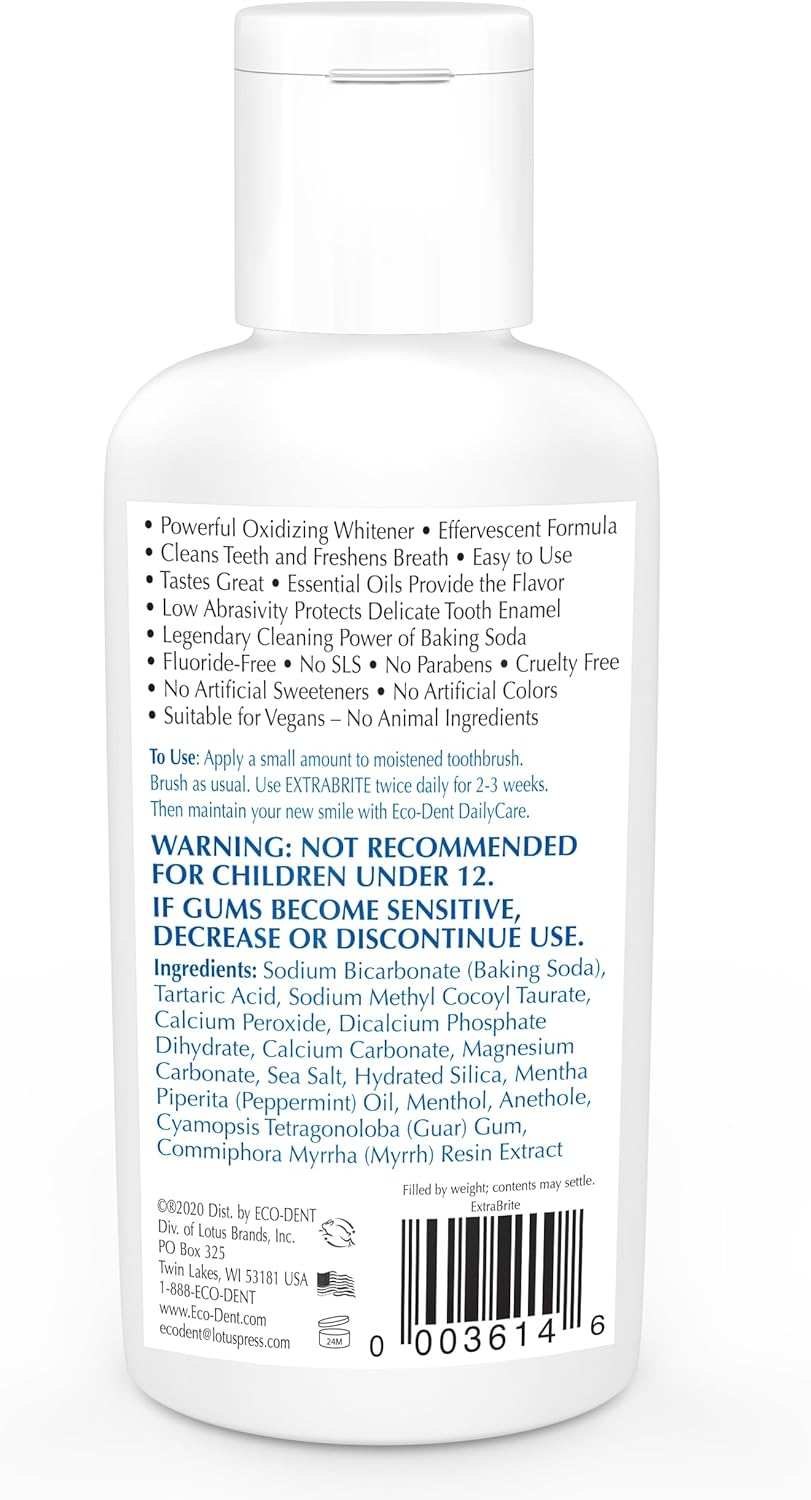 Eco-Dent ExtraBrite Baking Soda Toothpowder, Mint - Fluoride-Free Toothpaste Powder, SLS-Free Tooth Powder with Oxidizing Calcium Peroxide, Whitening Toothpaste Alternative, 2 Oz Ea (Pack of 3)