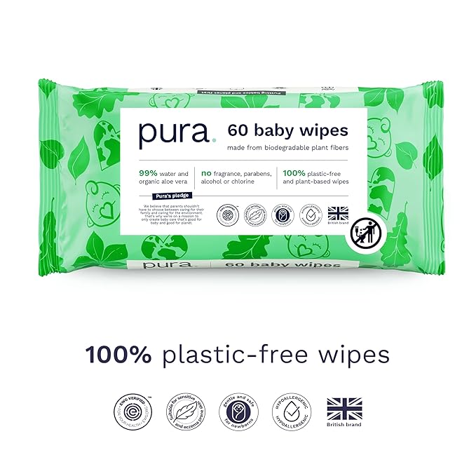Pura Natural Sensitive Baby Wipes, 99% Water, Unscented & Hypoallergenic, Suitable for Sensitive & Eczema-prone Skin, Hypoallergenic, EWG Verified, 10 Pack of 60 Wet Wipes (600 Diaper Wipes) Bulk Buy
