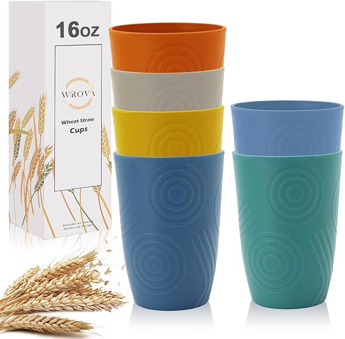 Wrova Wheat Straw Water Cups 16oz with Etched Pattern - Alternative Plastic Drinking Glasses Set of 6 - Unbreakable Tumbler Cups for Kids - Vibrant Series