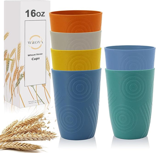 Wrova Wheat Straw Water Cups 16oz with Etched Pattern - Alternative Plastic Drinking Glasses Set of 6 - Unbreakable Tumbler Cups for Kids - Vibrant Series