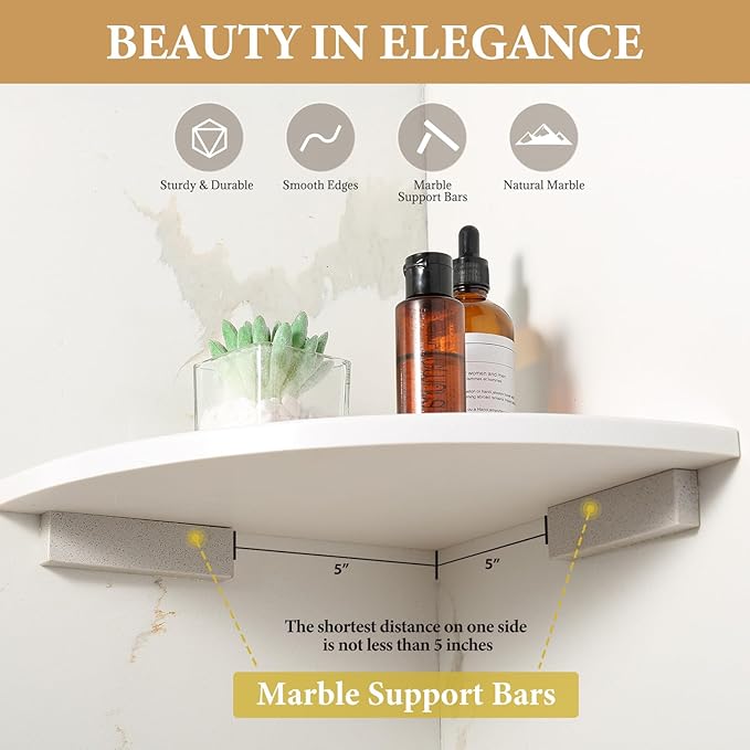 Koville White Natural Marble Corner Shelf, Wall Mounting Corner Shelf Organizers Storage for Bathroom Kitchen, Polished Marble Surface Wall Mounted Stone Shower Caddy for Bath