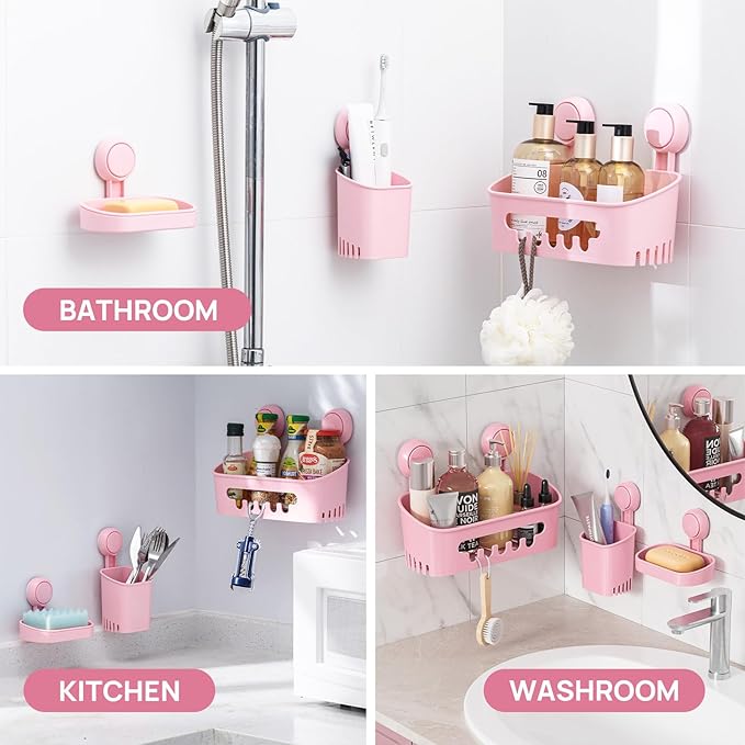 LEVERLOC Shower Caddy Suction Cup Set Shower Organizer & Soap Holder & Toothbrush Holder, Bathroom Shelf Basket NO-Drilling, Removable Suction Storage Waterproof Bathroom Caddy, Pink