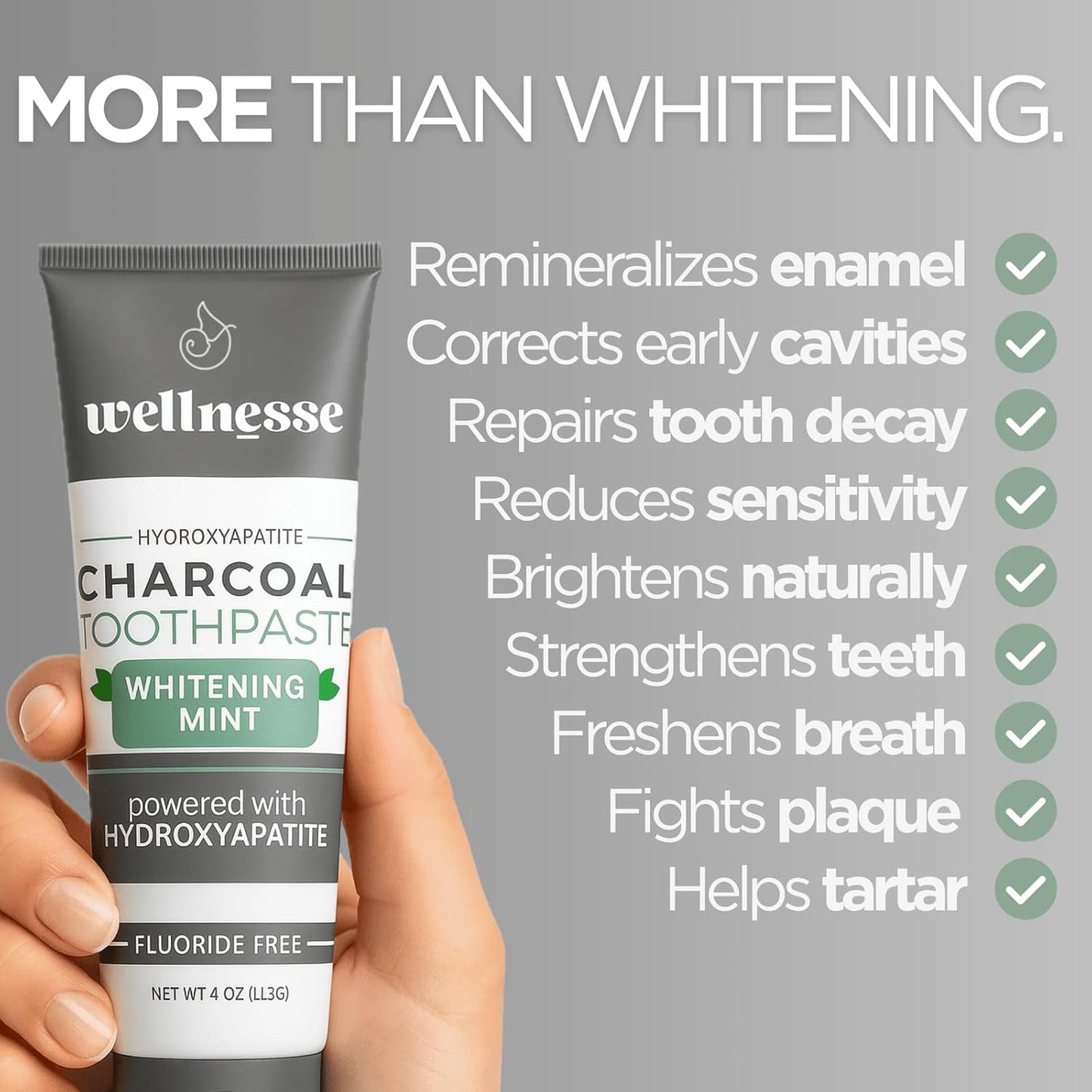 Wellnesse Activated Charcoal Whitening Toothpaste with Xylitol, Fluoride-Free Hydroxyapatite Black Charcoal Toothpaste for Adult Fresh Breath, Natural Teeth Whitening, Mint Flavor, 4 oz (Pack of 1)