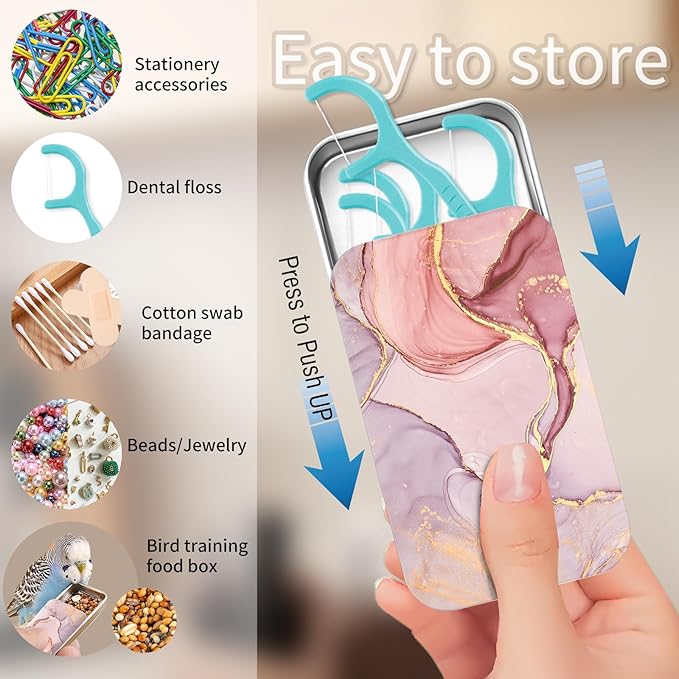 Portable Dental Floss Case, Refillable Cute Travel Floss Dispenser for Men & Women, Pocket Travel Floss Picks Case for Purse, Backpack, Bag Pink Marble Swirl