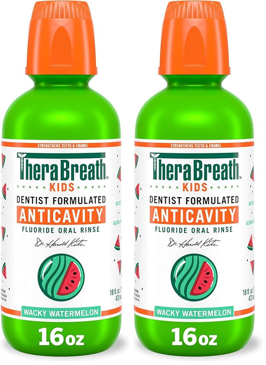 TheraBreath Kids Organic Wacky Watermelon Mouthwash with Fluoride, Anticavity, Dentist Formulated, 16 Fl Oz (Pack of 2)
