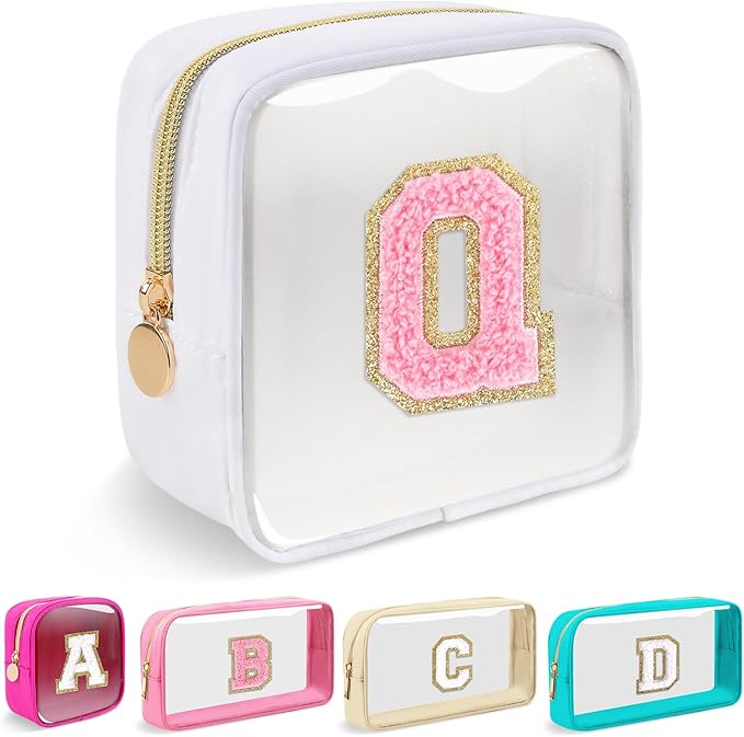 Mini Clear Personalized Initial Makeup Bag,Small Nylon Waterproof Zip Beach Cosmetic Pouch,Preppy A-Z Chenille Letter Patch Cute Coin Purse Travel Toiletry Bag Car Pack Bag for Women(White-Pink Q)