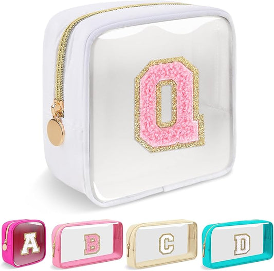 Mini Clear Personalized Initial Makeup Bag,Small Nylon Waterproof Zip Beach Cosmetic Pouch,Preppy A-Z Chenille Letter Patch Cute Coin Purse Travel Toiletry Bag Car Pack Bag for Women(White-Pink Q)