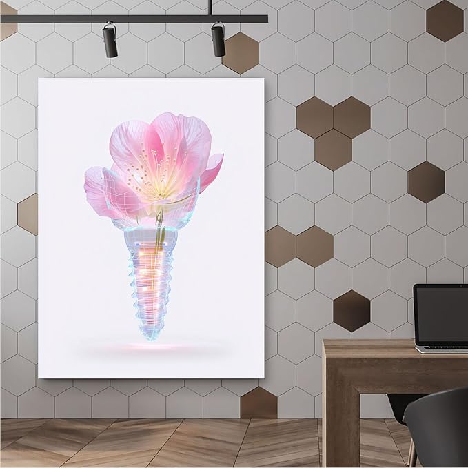 Stomatology Clinic Wall Art,Floral Dental Implant Watercolor Print,Holographic Tooth Illustration,Modern Medical Office Decor,8x12inch Framed Canvas Ready to Hang