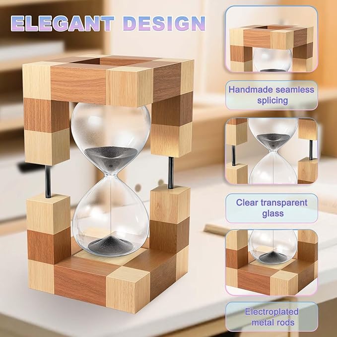 Sand Timer 30 Minute, Large Wooden Hourglass, 30 Min Wood Sand Clock Hour Glass, Reloj De Arena, Decorative Sandglass, Home, Classrom, Office, Cooking, Black Sand