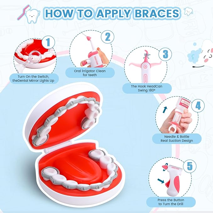 Dentist Play Set for Kids Ages 3-8, 26PCS Realistic Pretend Dental Toy Kit with Teeth Cleaning Tools, Doctor Costume & Learning Guide. STEM Educational Toys, Toddler Medical Kit for Boys & Girls Gifts