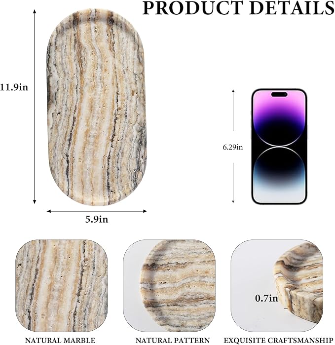 Koville Natural Marble Bathroom Tray for Decor Countertop, Marble Vanity Tray for Candles Perfume, Jewelry, Cosmetics, Stone Decorative Trays for Dresser Organizer(White Traonyx)