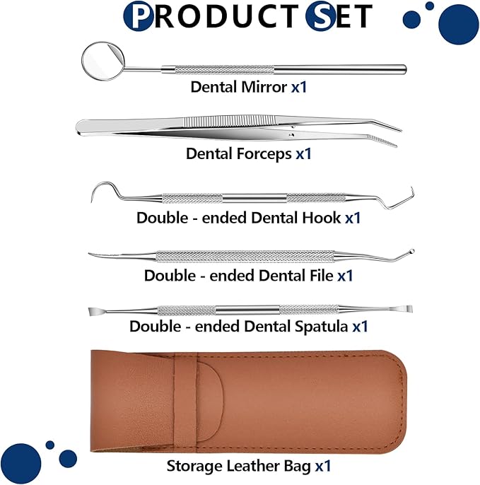 Niura Dental Tools Kit – 6 PC Teeth Cleaning Tools with Dental Mirror, Pick, Spatula, File & Forceps – 304 Stainless Steel Oral Care Set with Storage Bag