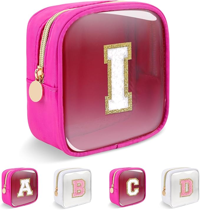 Personalized Initial Letter Clear Preppy Makeup Bag,Mini Nylon Chenille Letter Cosmetic Bag Cute Zipper Pouch Coin Purse for Teen Girls,Portable TSA Approved Travel Essentials Bag Gift for Women,I