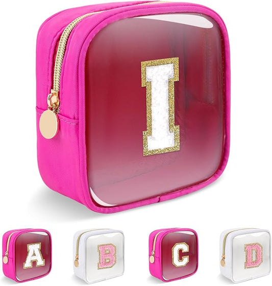 Personalized Initial Letter Clear Preppy Makeup Bag,Mini Nylon Chenille Letter Cosmetic Bag Cute Zipper Pouch Coin Purse for Teen Girls,Portable TSA Approved Travel Essentials Bag Gift for Women,I