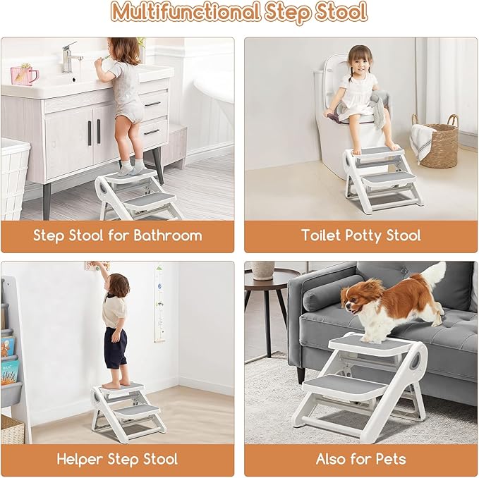 Foldable Toddler Step Stool for Bathroom Sink - 2-Step Kids Stool for Potty Training, Kitchen Counter & Bedroom, Sturdy Non-Slip Child Safety Stool Helper