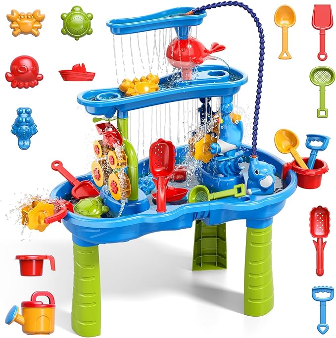 3-Tier Water Table with Pump for Toddlers Kids Ages 3-5 4-8, Outdoor Water and Sand Table Beach Toys, Toddler Activity Sensory Water Sand Table with Rain Showers Splash Pond for Kids Boys Girls